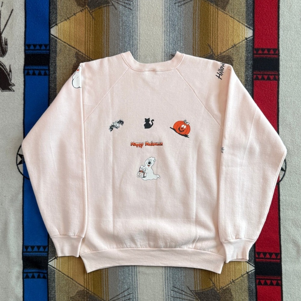 Vintage Fruit of the Loom Halloween Sweatshirt Pink Raglan Ghost Pumpkin Large - Picture 2 of 10